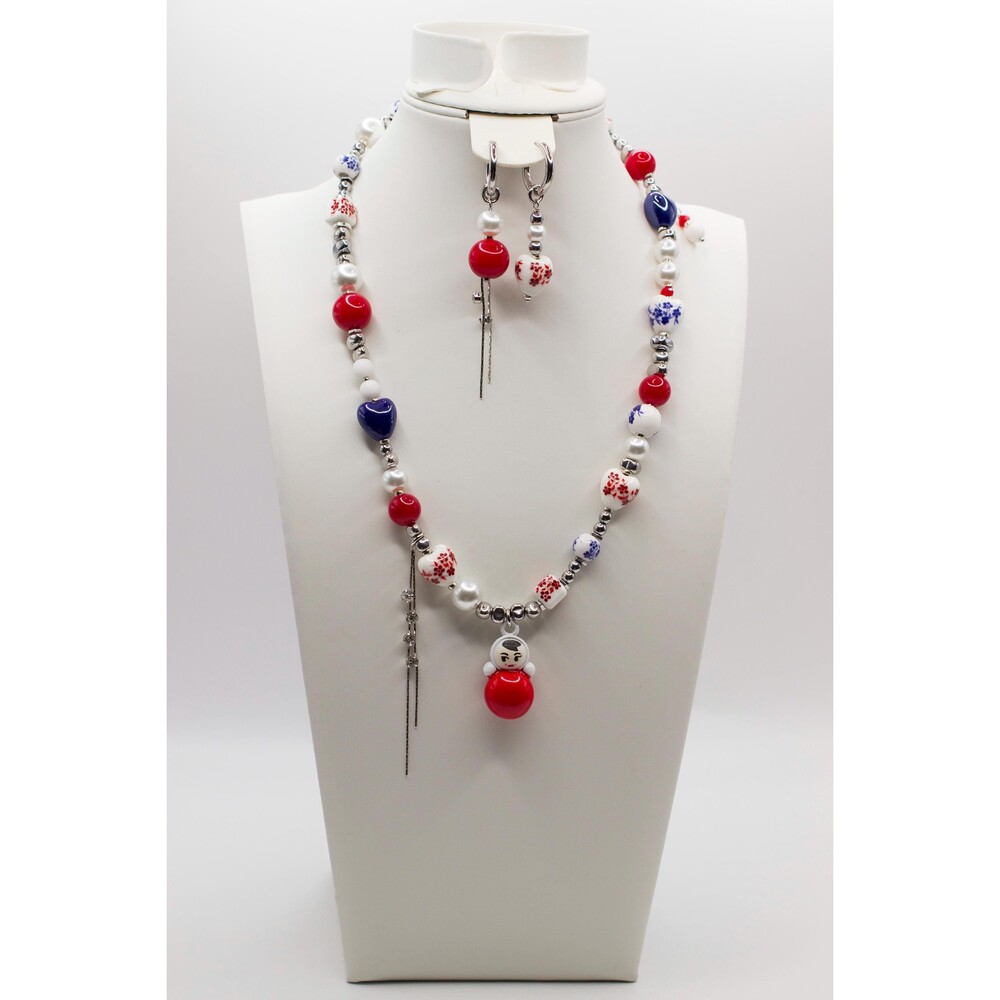 Russian Doll Jewelry Set Porcelain Beads Choker Necklace &  Asymmetric  Earrings